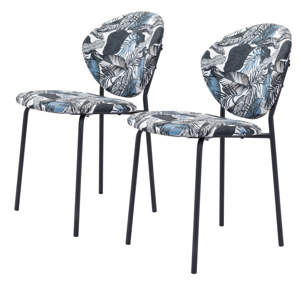 Homeroots Set Of Two Blue Black And White Tropical Design Dining Or Side Chairs  Metal 394662