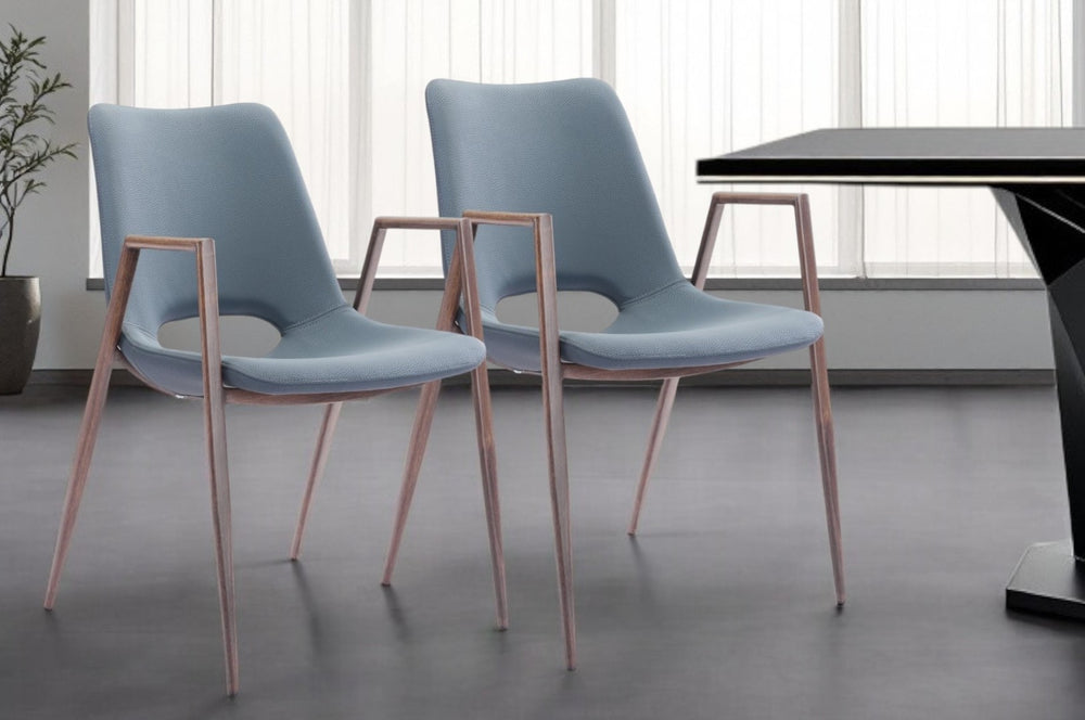HomeRoots Set of Two Stylish Gray Faux Leather Open Back Dining Armchairs with Brown Metal Legs & Comfort 394675
