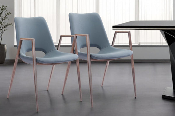 HomeRoots Set of Two Stylish Gray Faux Leather Open Back Dining Armchairs with Brown Metal Legs & Comfort 394675
