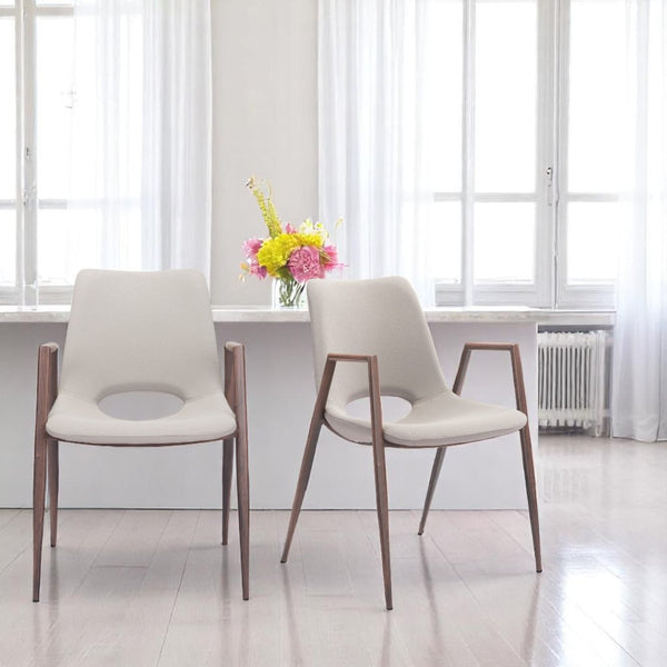 HomeRoots Set of Two Stylish Beige and Brown Faux Leather Dining Arm Chairs for Versatile Home Use 394676