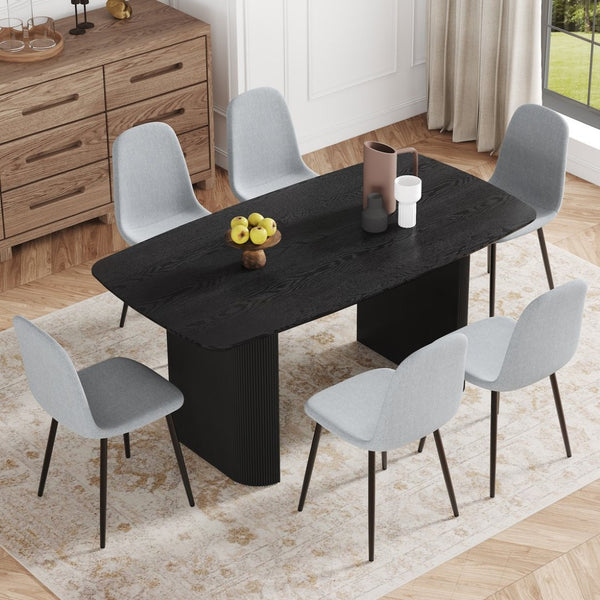 English Elm Table Dining Set - 67” Black Wood Grain Table With 6 Light Gray Linen-Cotton Chairs For Modern Homes W1151S04158-GIGA