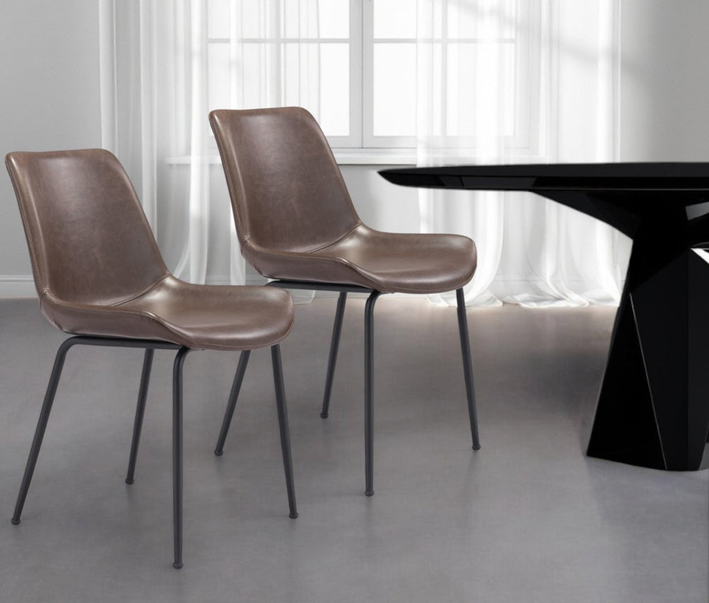 HomeRoots Set of Two Modern Brown Faux Leather Dining Chairs with Sturdy Black Steel Legs for Versatile Use 394697