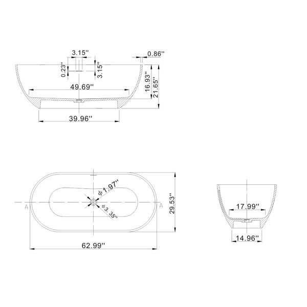 English Elm 63 Inch Stone Resin Freestanding Bathtub Oval Matte White Seamless Soaking Basin W1613P427471