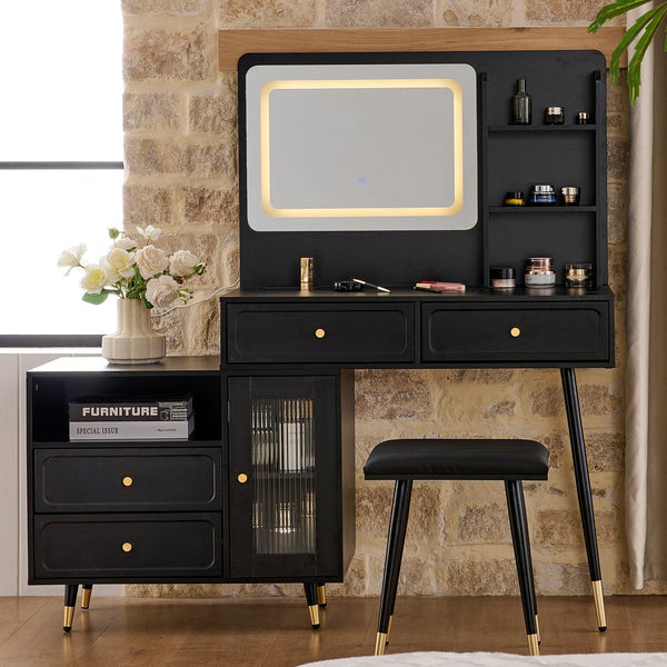 English Elm Modern Makeup Vanity Desk with LED 3-Color Mirror, Built-In Power Station, Sliding Cabinet, Stool Black N844P288432B
