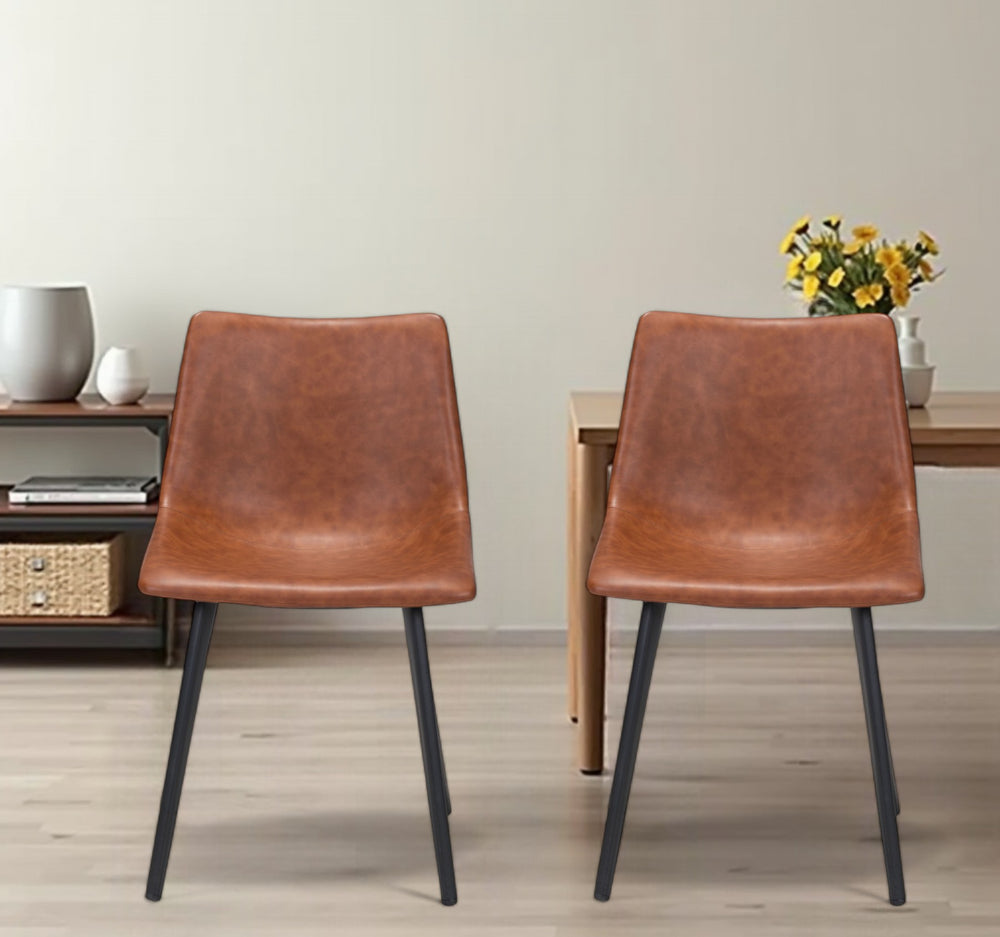 Homeroots Set Of Two Brown Vintage Look Faux Leather Slight Scoop Dining Chairs  Metal 394710