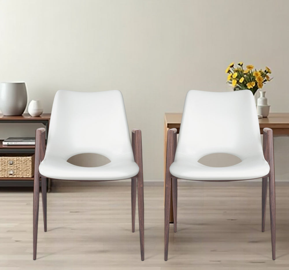 Homeroots Set Of Two White And Brown Upholstered Faux Leather Open Back Dining Arm Chairs  Metal And Wood 394734