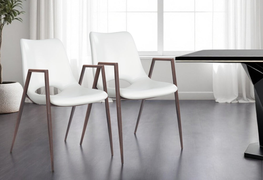 HomeRoots Set of Two Stylish White and Brown Faux Leather Open-Back Dining Arm Chairs for Modern Homes 394734