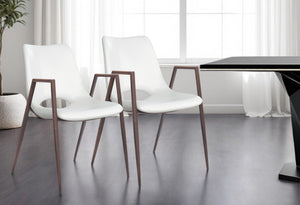 HomeRoots Set of Two Stylish White and Brown Faux Leather Open-Back Dining Arm Chairs for Modern Homes 394734