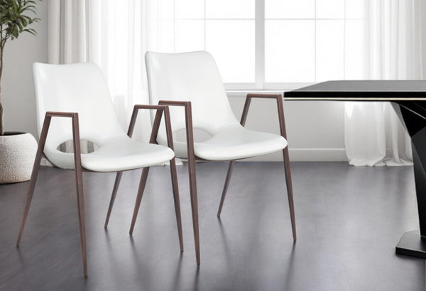 HomeRoots Set of Two Stylish White and Brown Faux Leather Open-Back Dining Arm Chairs for Modern Homes 394734