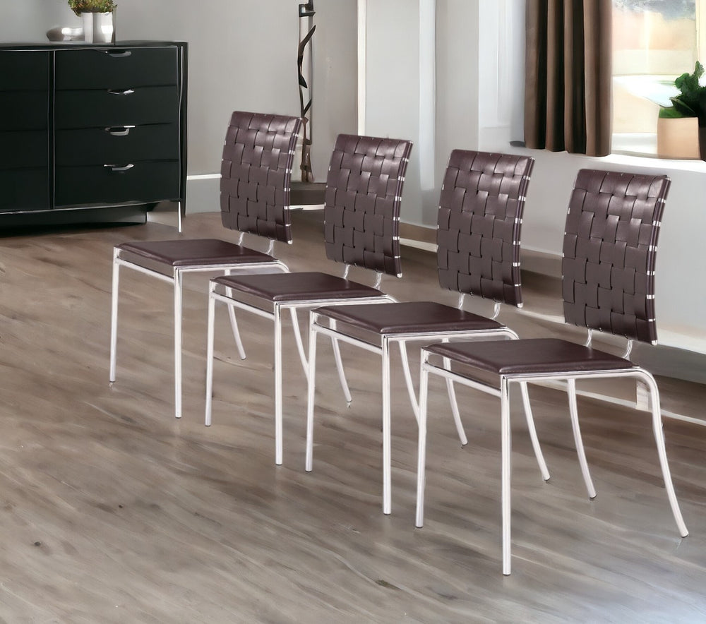 Homeroots Set Of Four Espresso And Silver Upholstered Faux Leather Open Back Dining Side Chairs  Metal 394737