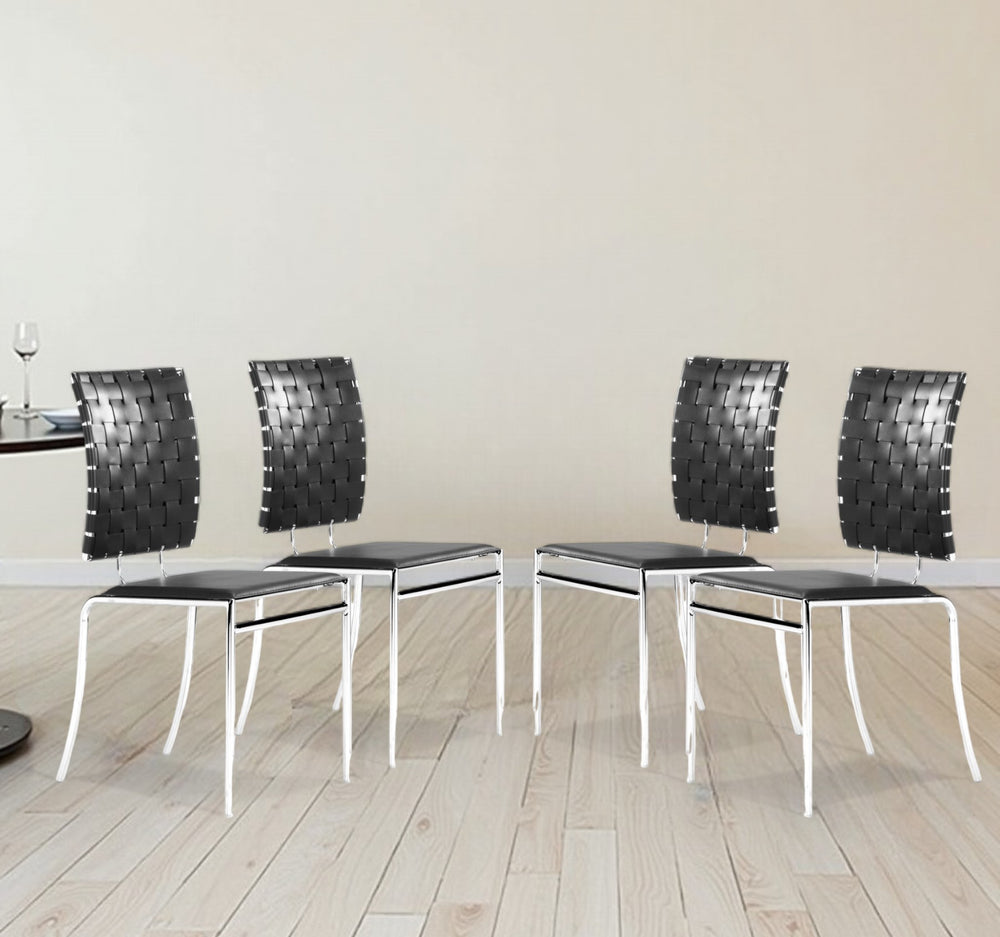 Homeroots Set Of Four Black And Silver Upholstered Faux Leather Open Back Dining Side Chairs  Metal 394739