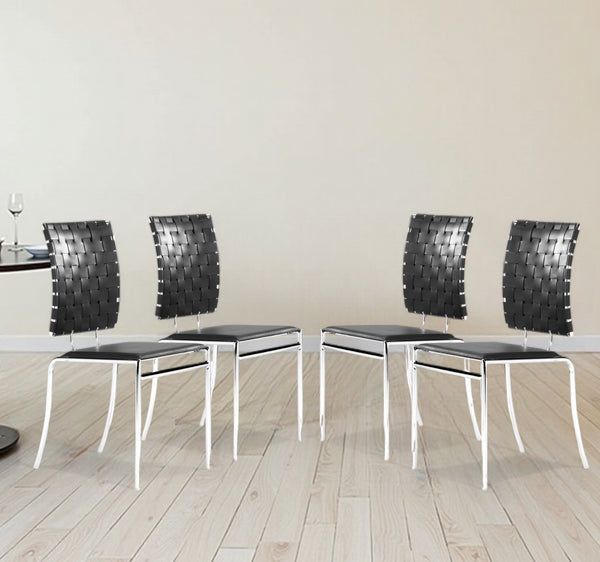 Homeroots Set Of Four Black And Silver Upholstered Faux Leather Open Back Dining Side Chairs  Metal 394739