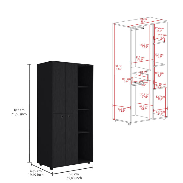 English Elm Misuri Multi-Function Wardrobe Armoire with Double Doors, Drawer, Hanging Rods and Open Shelves Black 73 L x 24 W x 3 H B200S00288