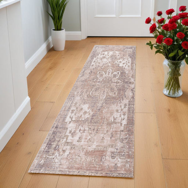 Homeroots 8' Runner Beige And Ivory Medallion Power Loom Runner Rug  Polyester 394821