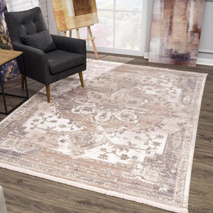 HomeRoots 10' Beige and Ivory Medallion Runner Rug - Durable, Soft, Noise-Dampening, Perfect for Hallways & More 4' x 6' 394822