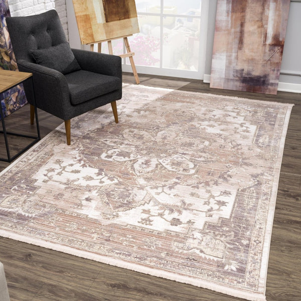HomeRoots 10' Beige and Ivory Medallion Runner Rug - Durable, Soft, Noise-Dampening, Perfect for Hallways & More 4' x 6' 394822