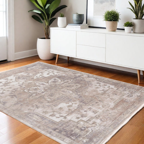 HomeRoots 10' Beige and Ivory Medallion Runner Rug - Durable, Soft, Noise-Dampening, Perfect for Hallways & More 4' x 6' 394822