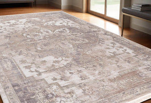 Homeroots 5' X 7' Beige And Ivory Medallion Non Skid Area Rug  Polyester 394823