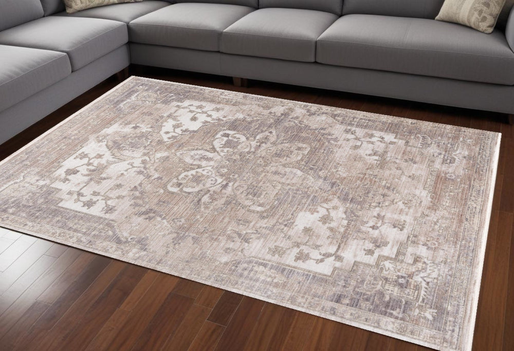 HomeRoots 10' Beige and Ivory Medallion Runner Rug - Durable, Soft, Noise-Dampening, Perfect for Hallways & More 7' x 10' 394824