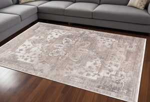 Homeroots 7' X 9' Beige And Ivory Medallion Power Loom Area Rug  Polyester 394824