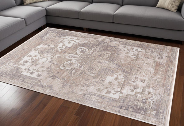 Homeroots 7' X 9' Beige And Ivory Medallion Power Loom Area Rug  Polyester 394824