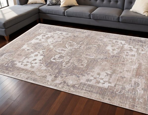 HomeRoots 10' Beige and Ivory Medallion Runner Rug - Durable, Soft, Noise-Dampening, Perfect for Hallways & More 8' x 11' 394825