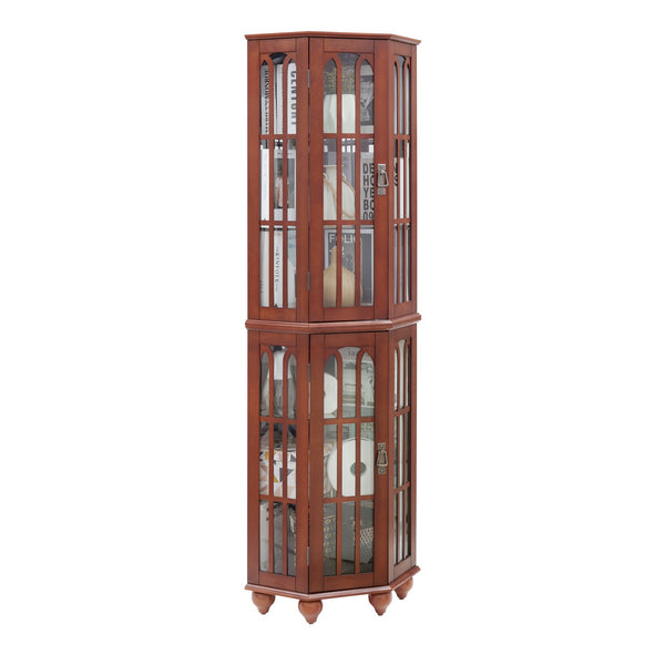 English Elm Corner Curio Cabinet with 6 Shelves, Tempered Glass Display, Built-In Lighting, Mirrored Back Walnut W1693P216949