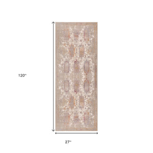HomeRoots 10' Elegant Beige and Ivory Medallion Runner Rug - Durable, Modern Design for Hallways and Kitchens 2' x 10' 394826