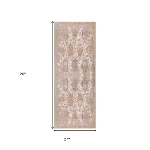 HomeRoots 10' Elegant Beige and Ivory Medallion Runner Rug - Durable, Modern Design for Hallways and Kitchens 2' x 10' 394826