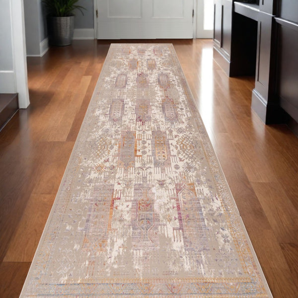 HomeRoots 10' Elegant Beige and Ivory Medallion Runner Rug - Durable, Modern Design for Hallways and Kitchens 2' x 15' 394829
