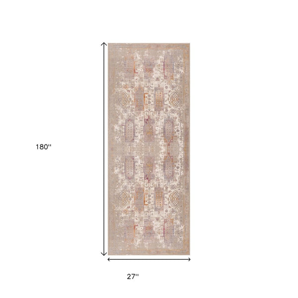 HomeRoots 10' Elegant Beige and Ivory Medallion Runner Rug - Durable, Modern Design for Hallways and Kitchens 2' x 15' 394829