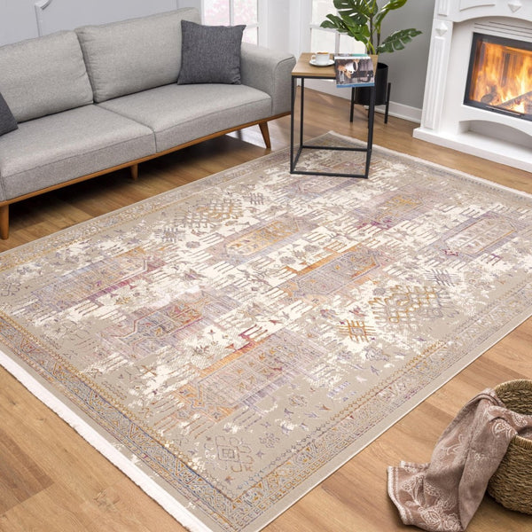 HomeRoots 10' Elegant Beige and Ivory Medallion Runner Rug - Durable, Modern Design for Hallways and Kitchens 4' X 6' 394838