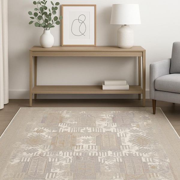HomeRoots 10' Elegant Beige and Ivory Medallion Runner Rug - Durable, Modern Design for Hallways and Kitchens 4' X 6' 394838