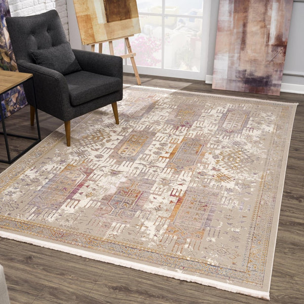 HomeRoots 10' Elegant Beige and Ivory Medallion Runner Rug - Durable, Modern Design for Hallways and Kitchens 5' X 7' 394839