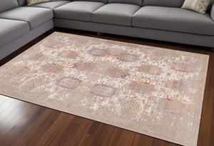 HomeRoots 10' Elegant Beige and Ivory Medallion Runner Rug - Durable, Modern Design for Hallways and Kitchens 7' x 10' 394840