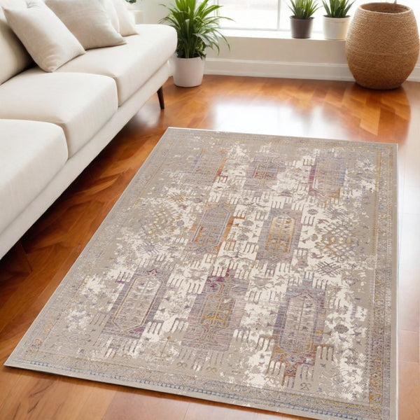 HomeRoots 10' Elegant Beige and Ivory Medallion Runner Rug - Durable, Modern Design for Hallways and Kitchens 8' X 11' 394841