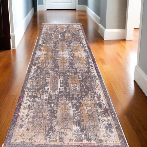 HomeRoots 10' Elegant Gray and Ivory Oriental Runner Rug - Durable, Stylish, Perfect for Hallways and Spaces 2' x 13' 394844