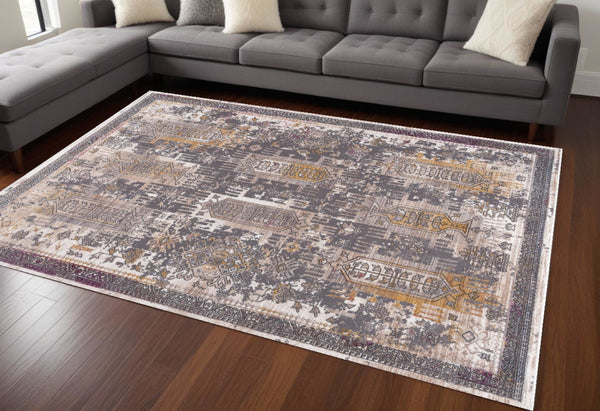 HomeRoots 10' Elegant Gray and Ivory Oriental Runner Rug - Durable, Stylish, Perfect for Hallways and Spaces 7' x 10' 394856