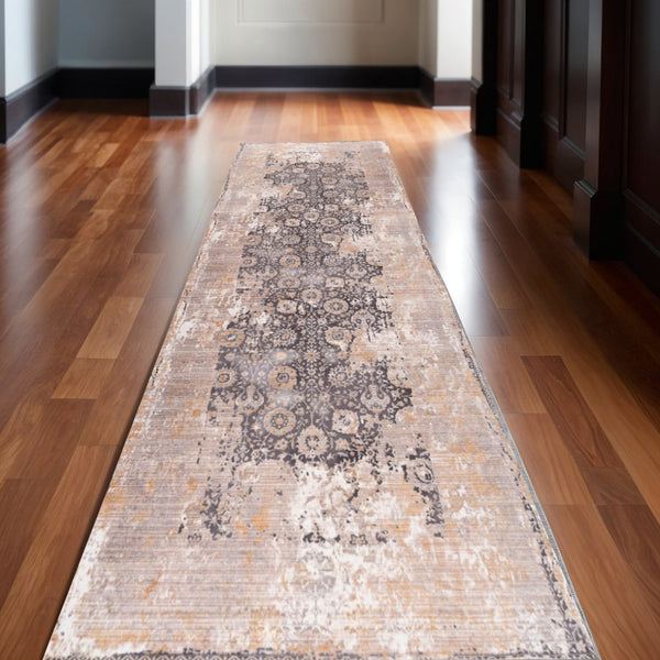 HomeRoots 10' Gray and Ivory Oriental Runner Rug - Durable, Stylish Accent for Hallways and Modern Spaces 2' x 10' 394858