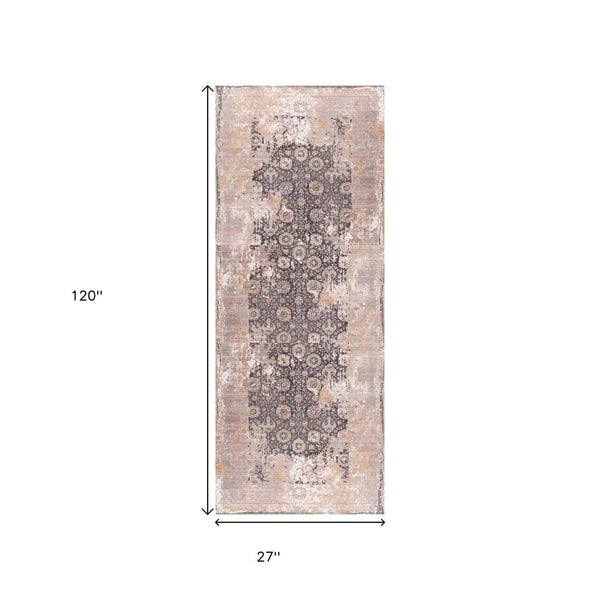 HomeRoots 10' Gray and Ivory Oriental Runner Rug - Durable, Stylish Accent for Hallways and Modern Spaces 2' x 10' 394858