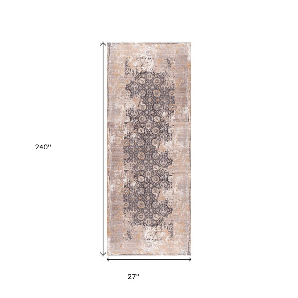 HomeRoots 10' Gray and Ivory Oriental Runner Rug - Durable, Stylish Accent for Hallways and Modern Spaces 2' x 20' 394863