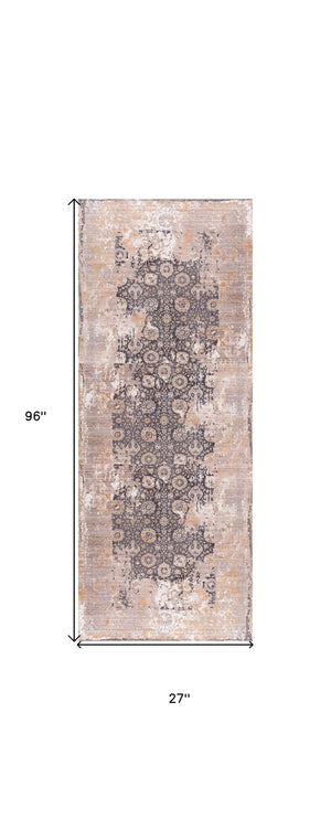Homeroots 8' Runner Gray And Ivory Oriental Power Loom Runner Rug  Polyester 394869