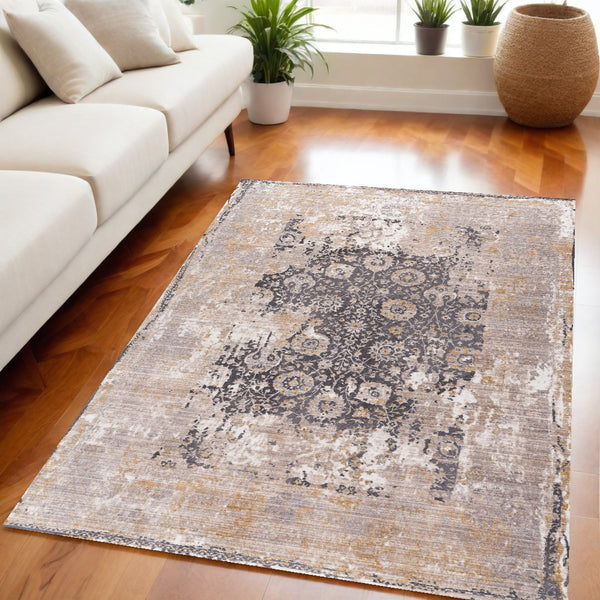 Homeroots 5' X 7' Gray And Ivory Oriental Non Skid Area Rug  Polyester 394871