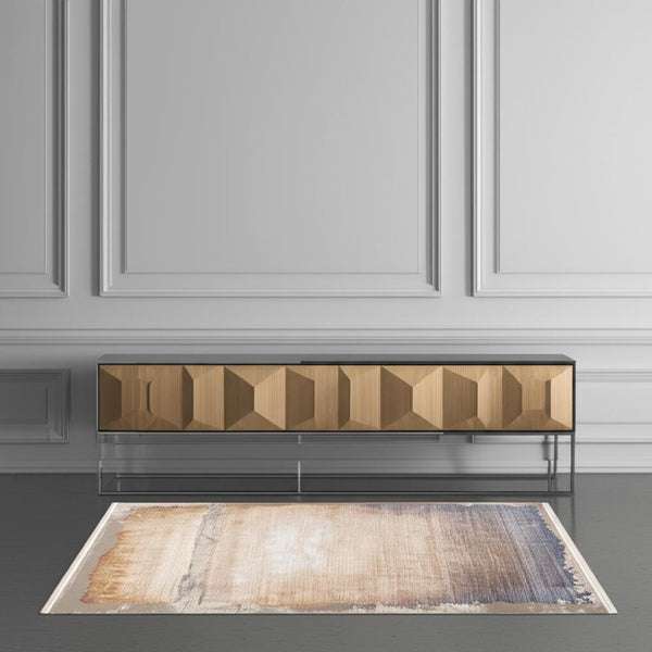 HomeRoots 10' Beige and Blue Abstract Runner Rug - Modern Durable Design for Hallways, Kitchens, and More 4' X 6' 394886