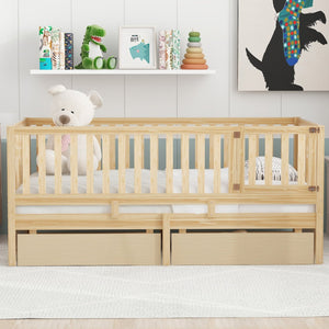 English Elm Twin Pinewood Daybed with Fence Guardrails Splits Into Two Floor Beds Storage Natural LP100881AAN