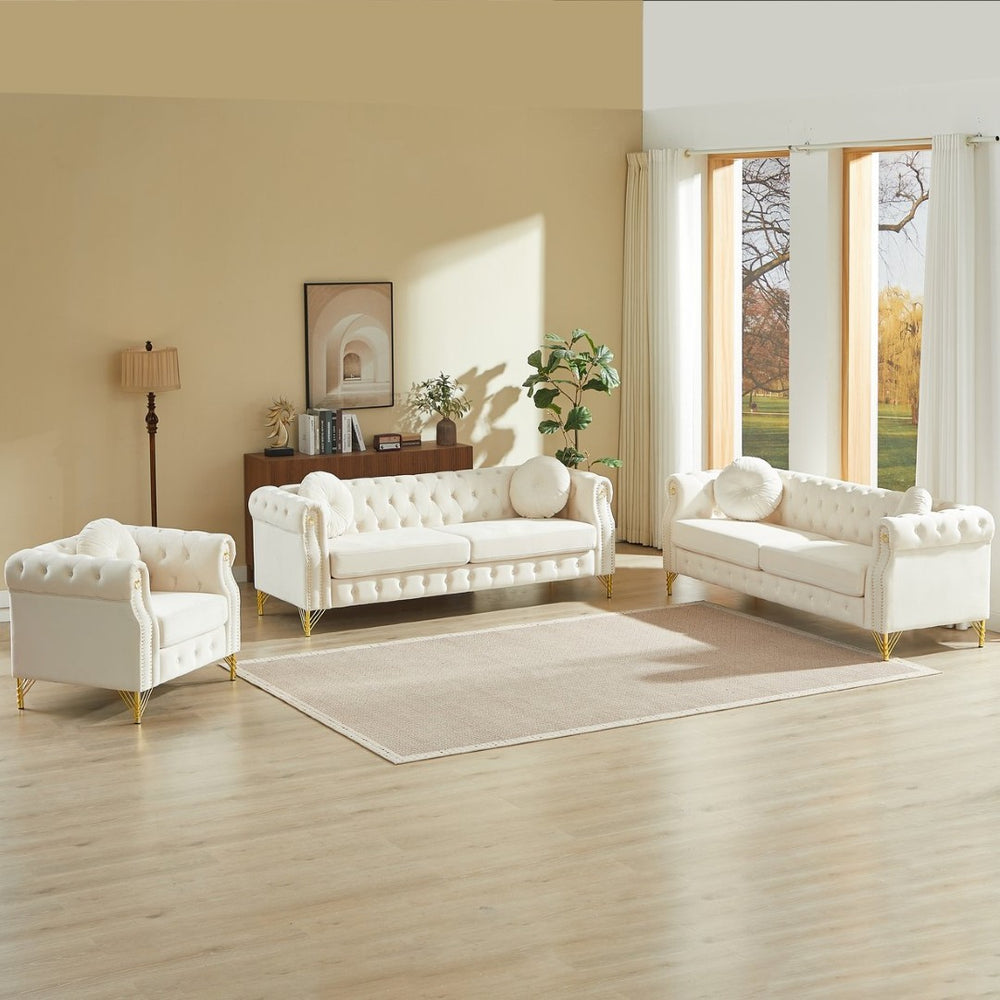 English Elm Velvet Chesterfield Tufted Sofa with Copper Stud Trim and Gold Legs for Glam Living Beige W834S00632