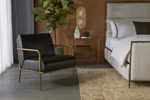 Sunpan Lathan Lounge Chair - Handcrafted Minimalist Design with Antique Brass Frame for Luxurious Spaces Charcoal Black Leather