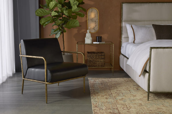 Sunpan Lathan Lounge Chair - Handcrafted Minimalist Design with Antique Brass Frame for Luxurious Spaces Charcoal Black Leather