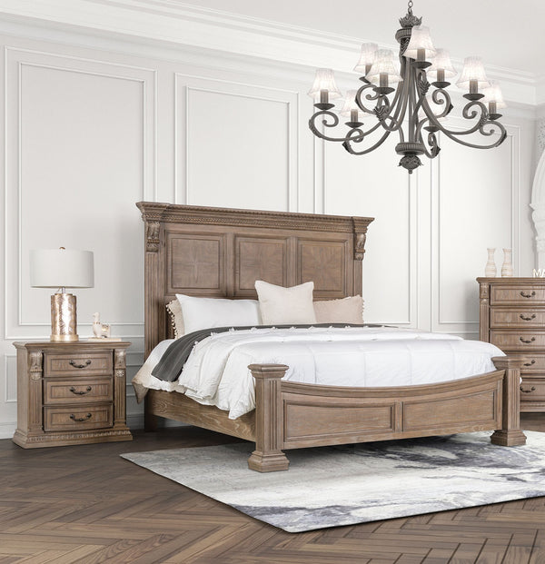 English Elm Formal Weathered Panel Queen Bed with Carved Dentil Moldings, Reeded Posts and Rustic Finish Oak 83 L x 13 W x 6 H B2741S00742