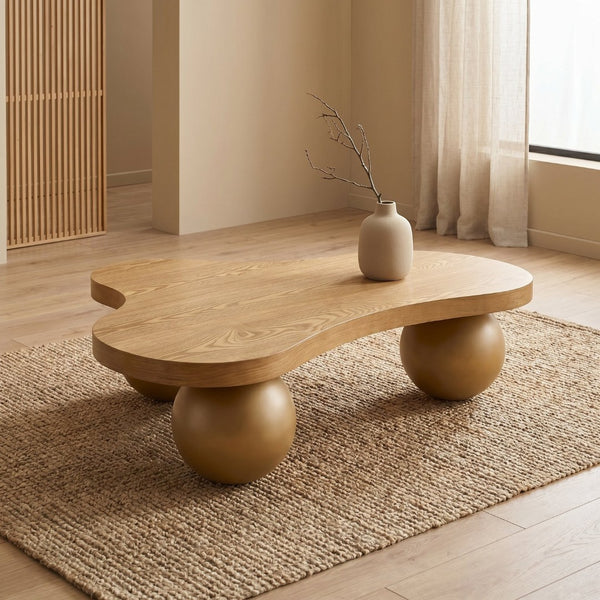 English Elm 46 Inch Cloud Shaped Coffee Table with Ash Veneer Top and Sculptural Sphere Legs Brown W3935S00008